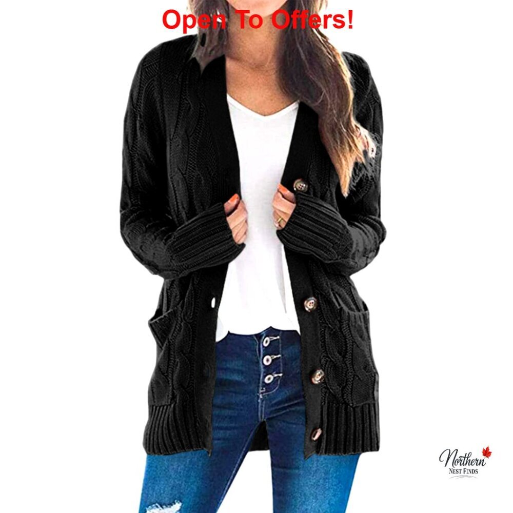 Loose Fit Cable Knit Cardigan Sweater, Open Front, Button Down, Chunky Knit
